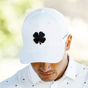 Black Clover adjustable Golf Hat, Live Lucky, White Cap w/Black Clover
